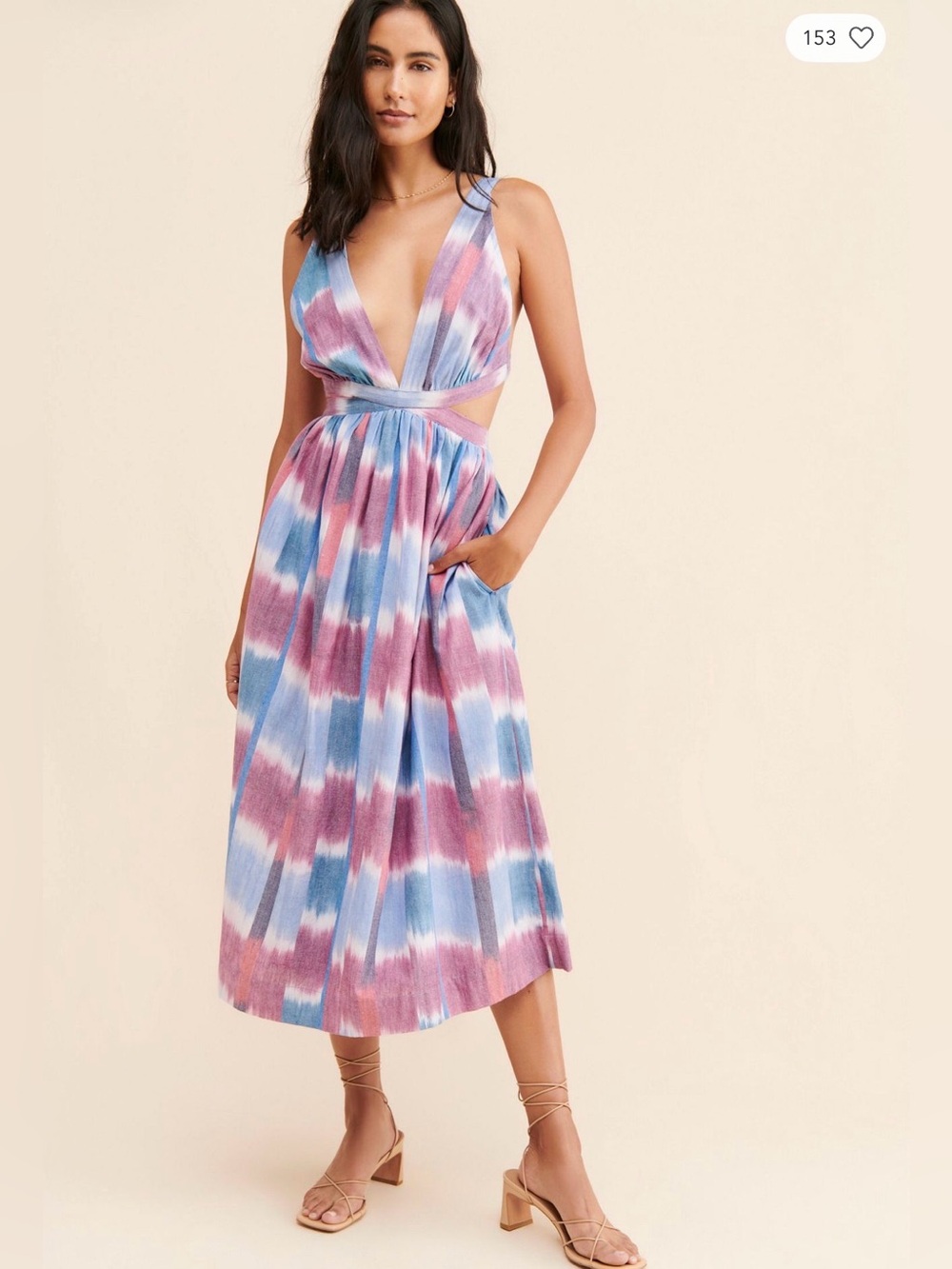 Deep-V Midi Dress By Anthropologie Blue Burgundy Watercolor Ikat Size Small